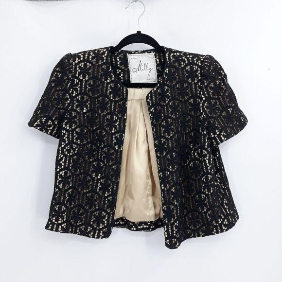 Milly Blazer Formal Short Sleeve Cape Floral Lace Overlay Open Cotton Blk Sz 10 - Picture 1 of 11